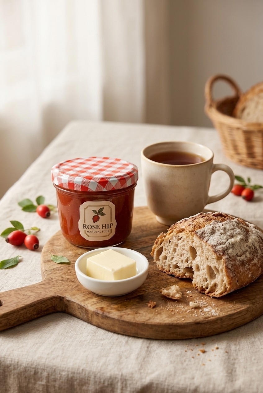 Frühstückstisch mit Hagebutten-Fruchtaufstrich